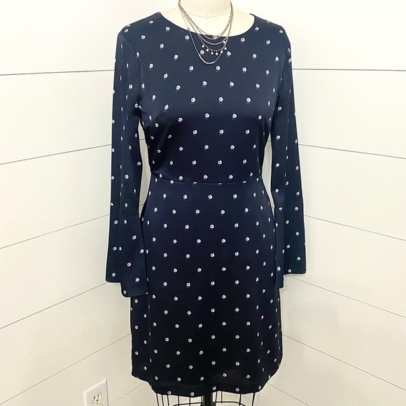 Banana Republic Navy Pearl Graphic Midi Sheath Dress Back Tie Neck Womens Size 8 - Picture 3 of 8